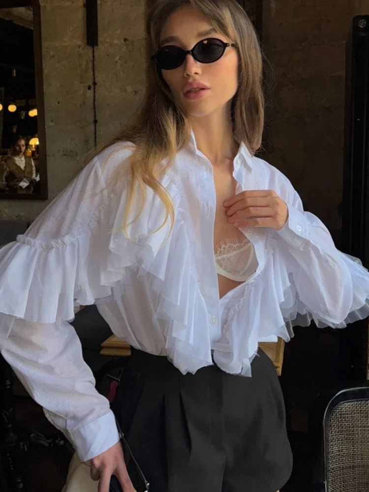 French Design Scalloped Edge White Shirt For Women Loose Long Sleeve Ruffled Autumn Blouse Cardigan Clothes Women's Shirts