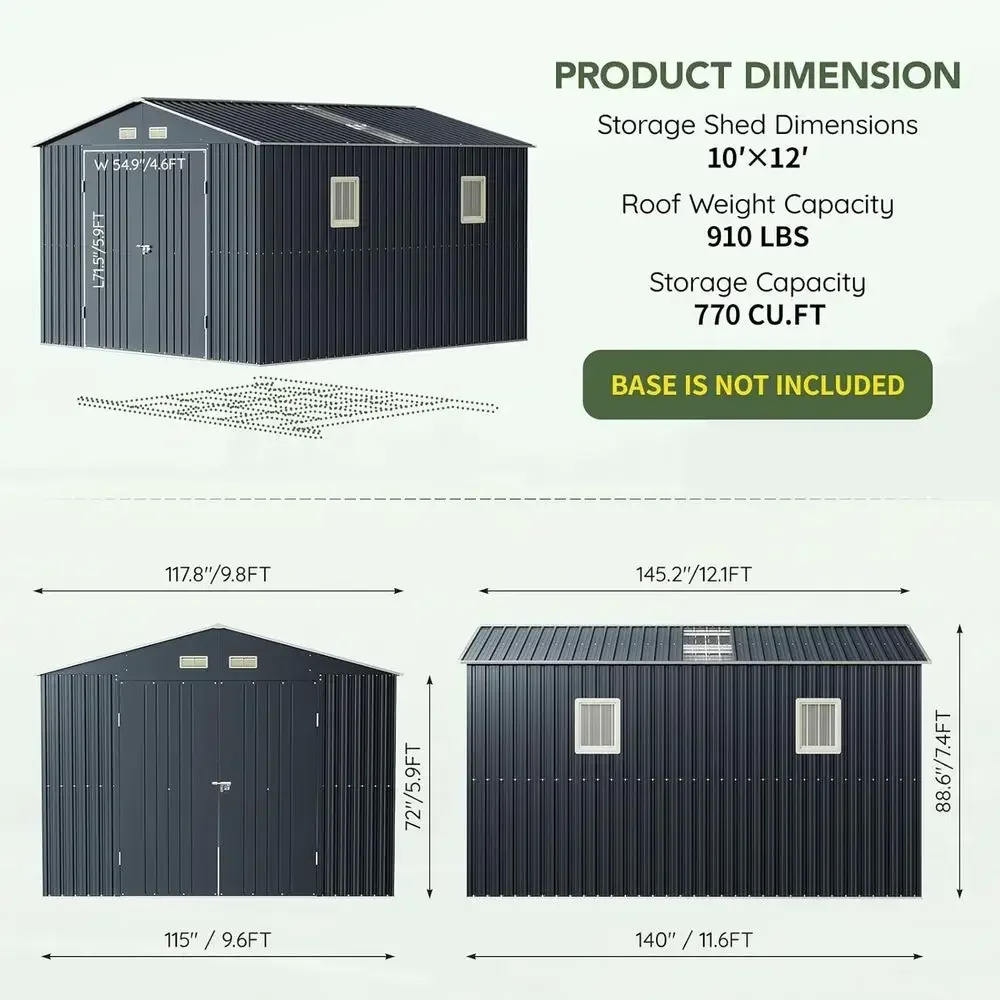 12x10 Outdoor Metal Storage Shed with Double Doors, 2 Windows, and Skylight Panel for Patio or Garden Use