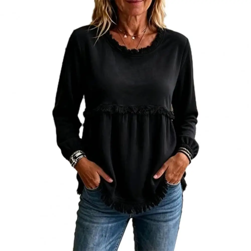 Long Sleeve Shirts for Women Office Wear Shirts Women’s Fall O-neck Shirt Loose Fit Blouse with Fringe Solid Color Ruffle Long