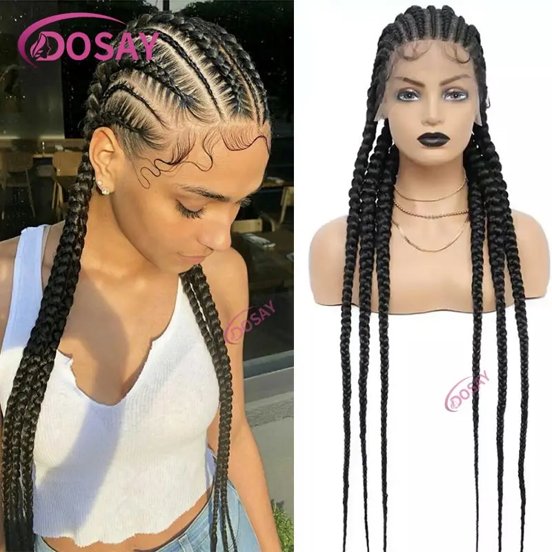 Perruque synthétique tressée en Cornrow Box pour femmes africaines noires, tresses avant en dentelle, tressage de 36 pouces