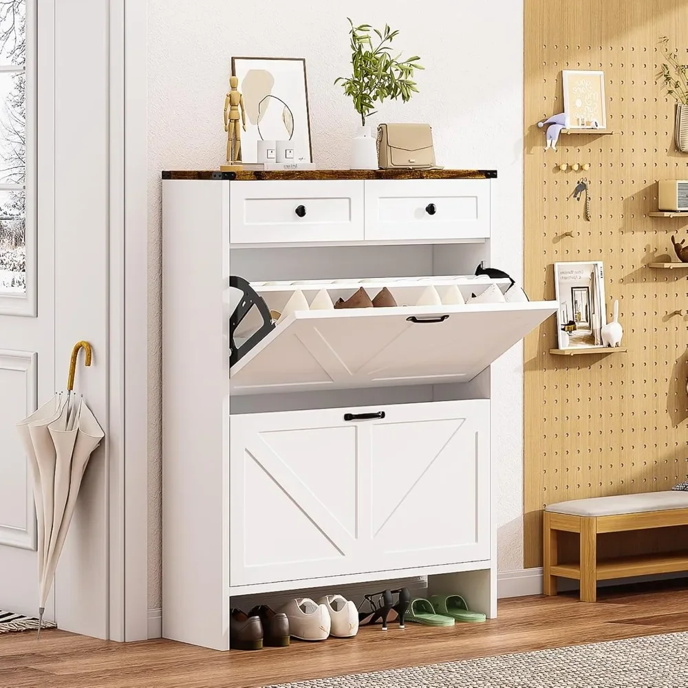 

Shoe Storage Cabinet, Farmhouse Shoes Organizer with 2 Flip Drawers & 2 Sliding Drawers, Freestanding Narrow Shoe Rack Cabinet