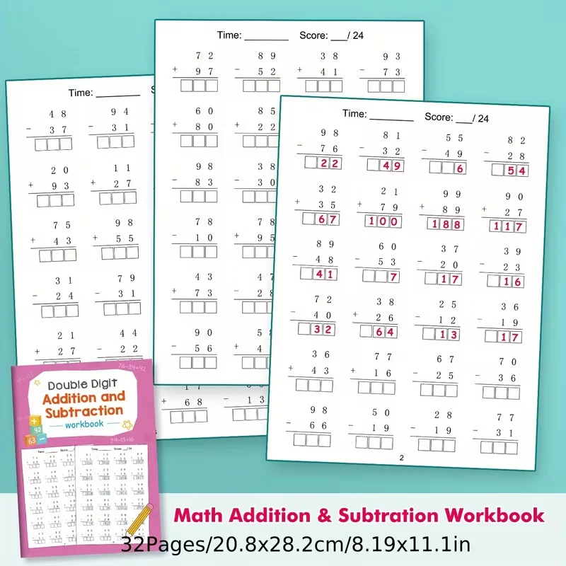 Math Practice Workbook Set Single-Digit & Double-Digit Addition Subtraction Calculation Training Grades 1-3 Learning Activities