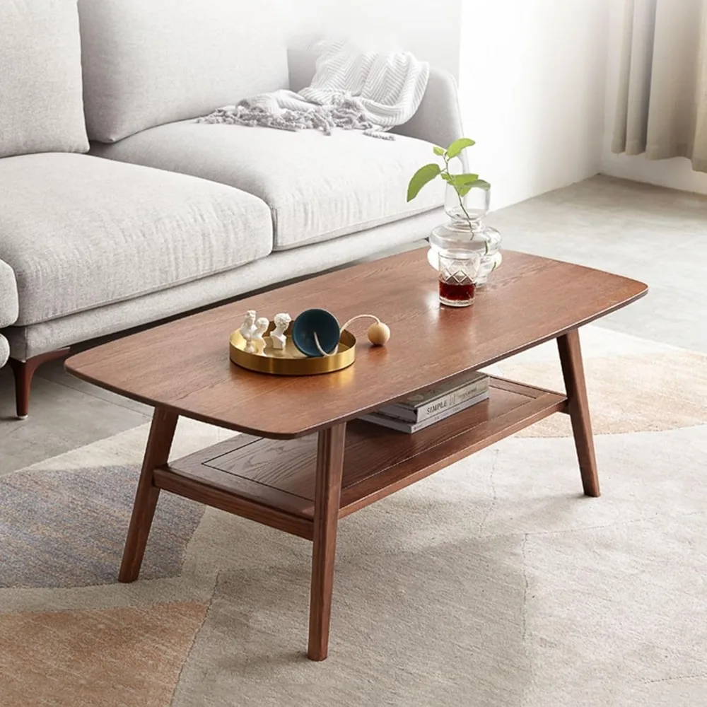 100% Solid Oak Wood Coffee Table for Living Room, Small Coffee Table with Shelf Storage