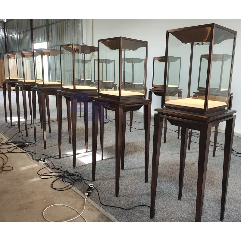 Présentoir de bijoux en acier inoxydable brossé PVD haut de gamme, vitrine en verre, raccords de bijouterie