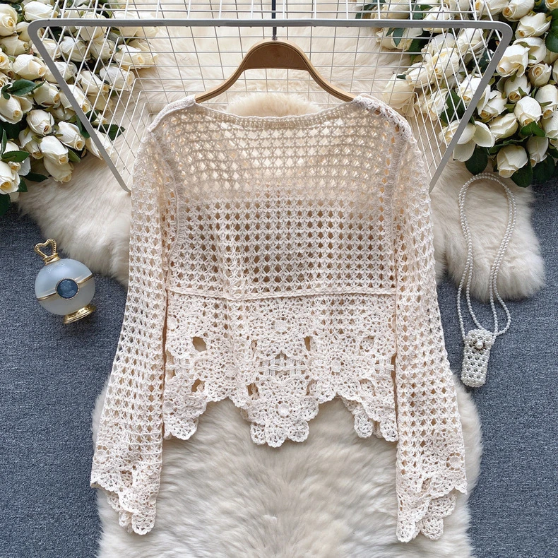 Koreanische Mode Haken Blume Aushöhlen Frauen Tops Süße Unregelmäßige Hanf Kurze Gestricktes Hemd Langarm Pullover Bluse