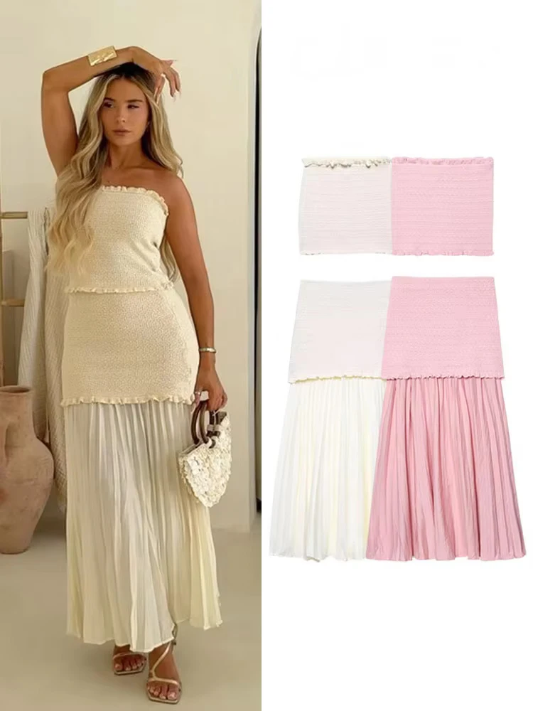 

HH женский летний модный сексуальный трикотаж без рукавов с открытой спиной, тонкий короткий жилет, топ + плиссированная юбка-миди, комплект из 2 предметов