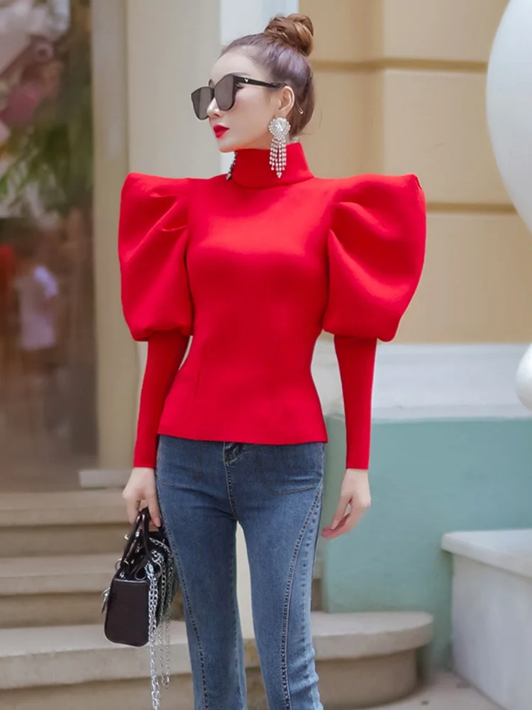 Sexy Multi Wearing Blouse Women's Long Puff Sleeve Ruched Slim Space Cotton Shirt Streetwear Female Spring Fall Fashion New