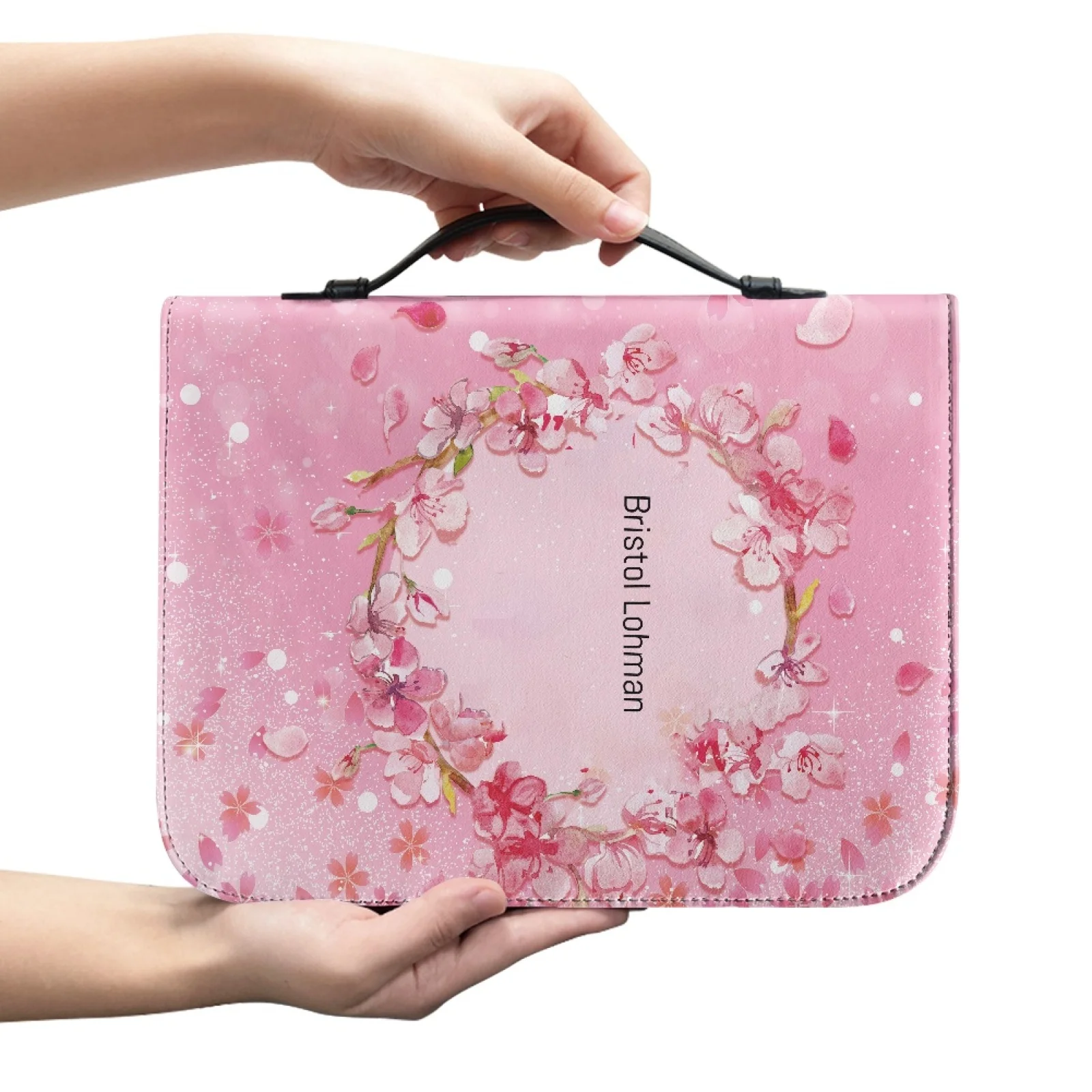 PENSTROLL Pink Cherry Blossom Wreath New Design Zippered Bible Covers for Prayer PU Leather Bible Hand Bag