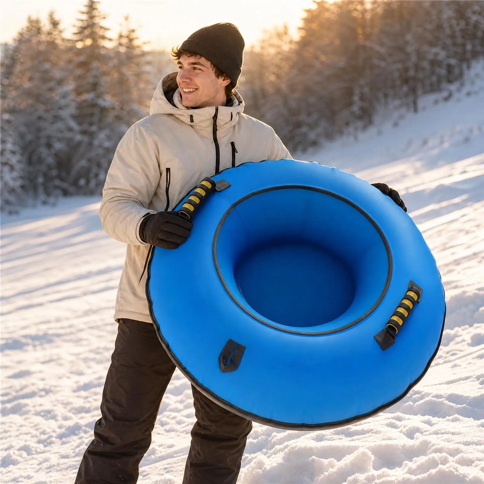 Round Inflatable Sled for Snow Tubing with Foldable PVC Design Comfortable Center Seat and Carry Handles for Winter Outdoor