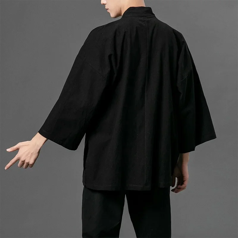 Quimonos japoneses tradicionais para homens, haori, loja chinesa online, Yukata, bordado preto, roupas asiáticas, cardigan, camisa, FF2803