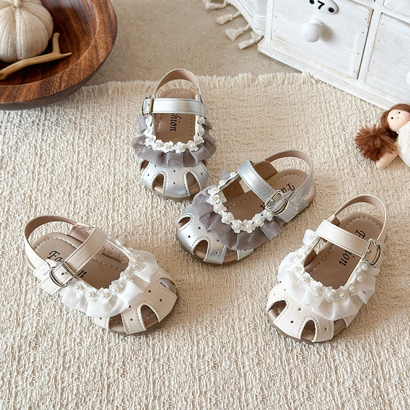 Girls Toes Capped Princess Sandals Children Flats Lace Flowers Shoes Soft Sole Non-slip Baby First Walker Shoes Hollow Out