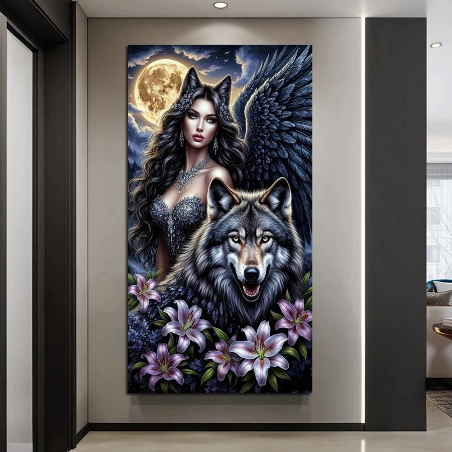 

Moon Black Fox Fairy and Wolf Large Size Diy Diamond Painting Kits Animals Full Diamond Embroidery Pictures Mosaic Arts 50x100cm