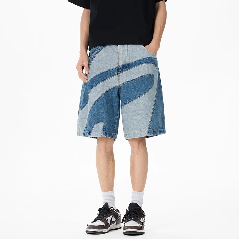 

Men's Baggy Denim Shorts, Two-Tone Swirl Patchwork, Contrast Color Spliced Jorts, Vintage Washed Wide Leg Bermuda Shorts