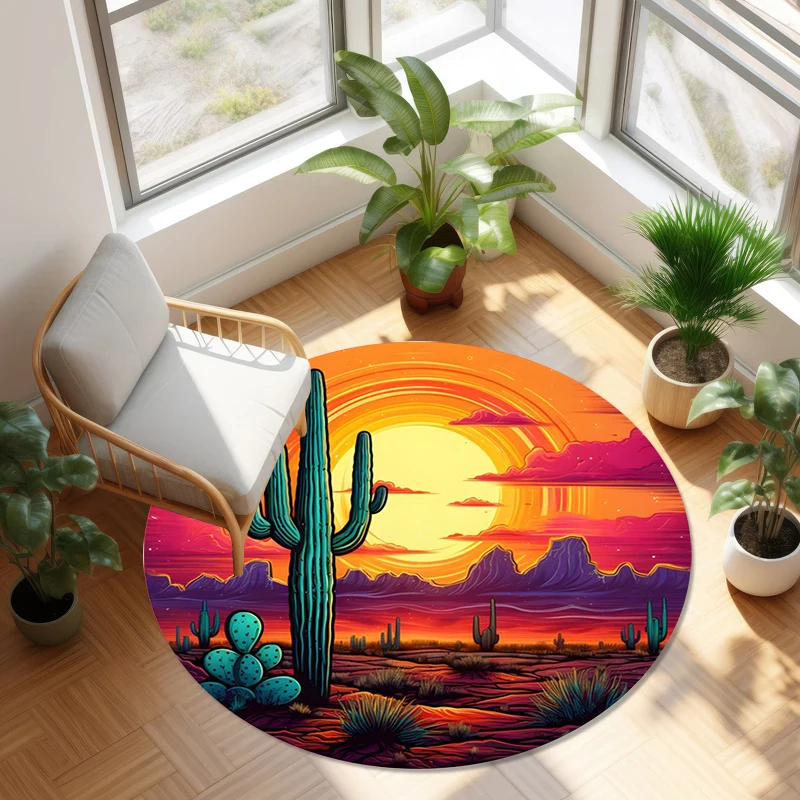 Moroccan Style Circular Carpet Desert Cactus Printed Floor P