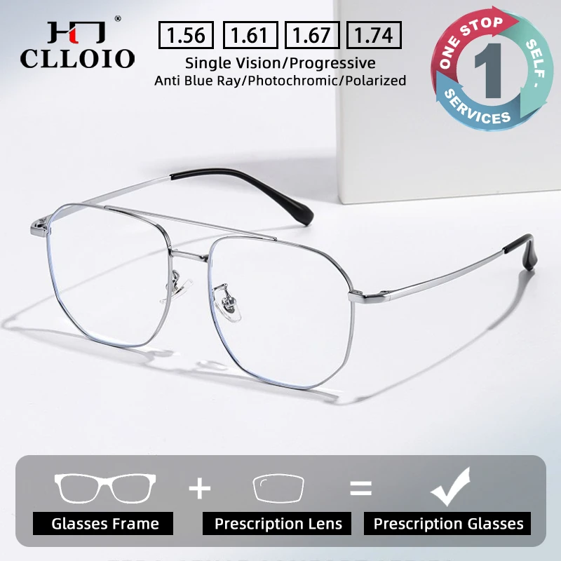 

CLLOIO Ultralight Titanium Prescription Glasses Anti Blue Light Pilot Oversize Frame Myopia Glasses Progressive Reading Eyewear