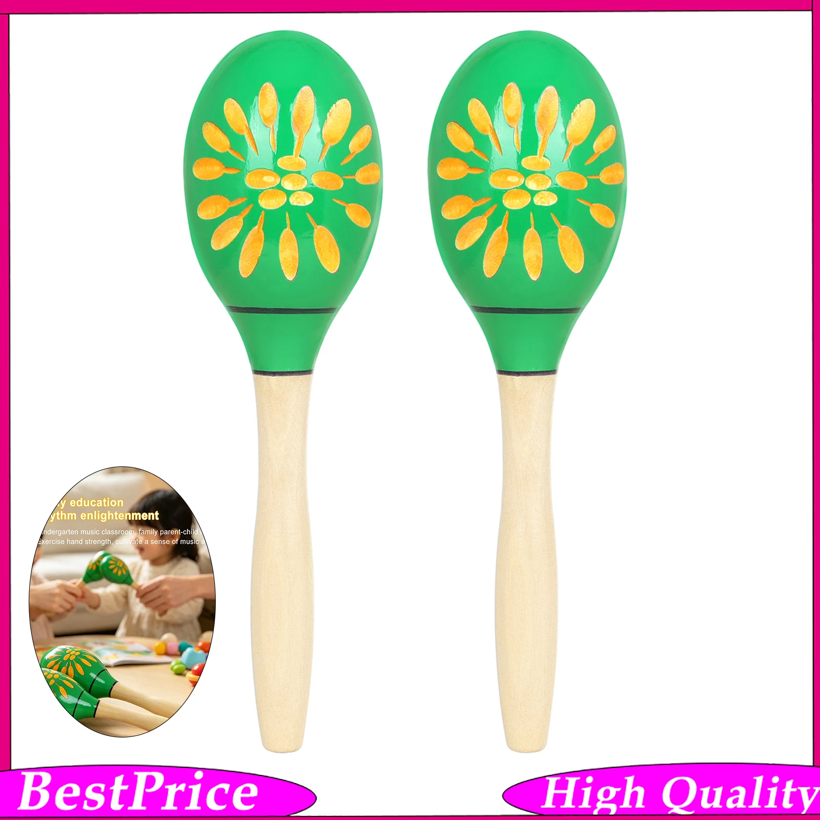 Musical Instrument I Play - J213 Wooden Floral‑Pattern Shaker Maracas Hand