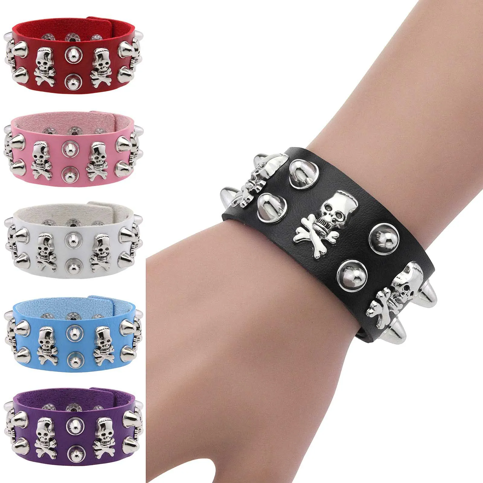 Wide PU Leather Skull Bracelet Punk Bracelet Adjustable Goth Cuff Bracelet Gothic Rivet Buckle Wristband For Women Men Jewelry