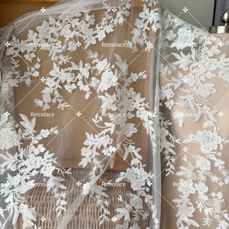 1 Yard 3D-Blumen-Alençon-Brautspitze als Meterware, Perlenkordel-Brautspitze mit Blumenstickerei – Detail 2