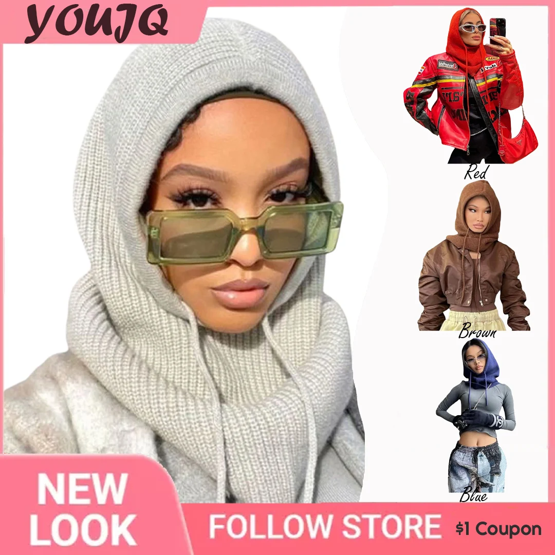 

Women's Hooded Scarf Pullover Hat Knit Bonnets for Women Pullover Drawstring Balaclava Winter Warm Skullies Beanie Balaclava Cap