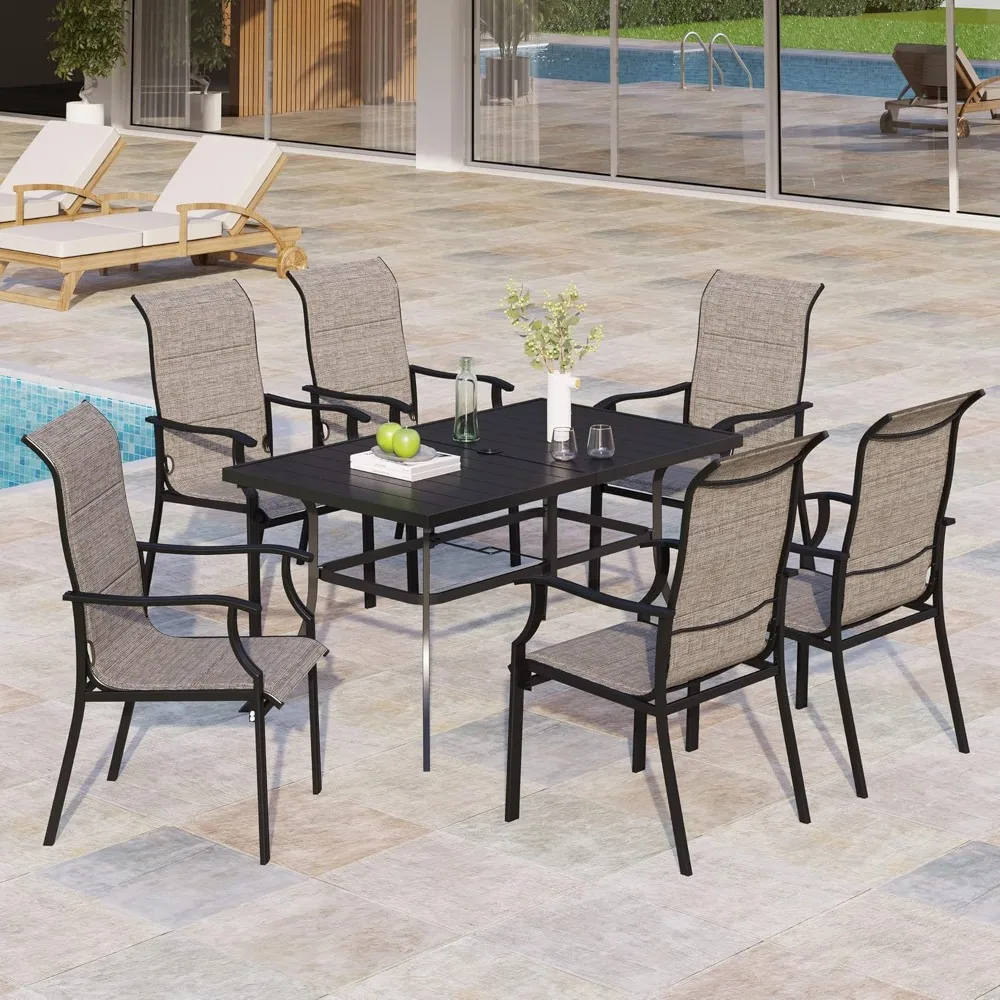 

7 Pieces Patio Dining Set, Outdoor Table and Chairs Set, 6 Padded Textilene Patio Chair and 1 Rectangular Steel Frame Outdoor Di