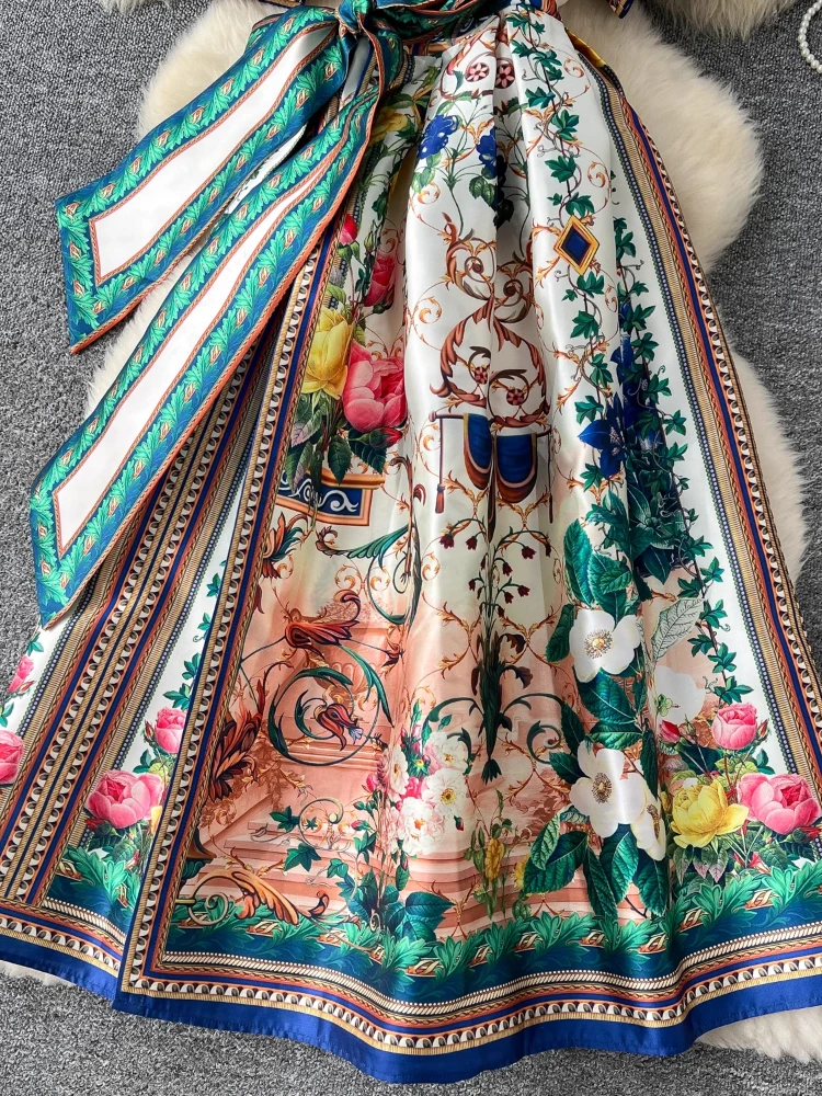 France Elegant Vintage Palace Evening Dress Women Print Sashes Mesh Long Party Dress Female Casual Holiday High End Clothing New