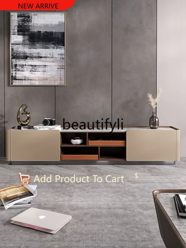 

Italian light luxury rock slab coffee table TV cabinet modern Nordic high-end saddle leather G1218
