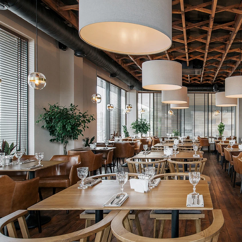 

Commercial Project Light Luxury Complete Modern Leather Wooden Restaurant Table and Chair Furniture Set