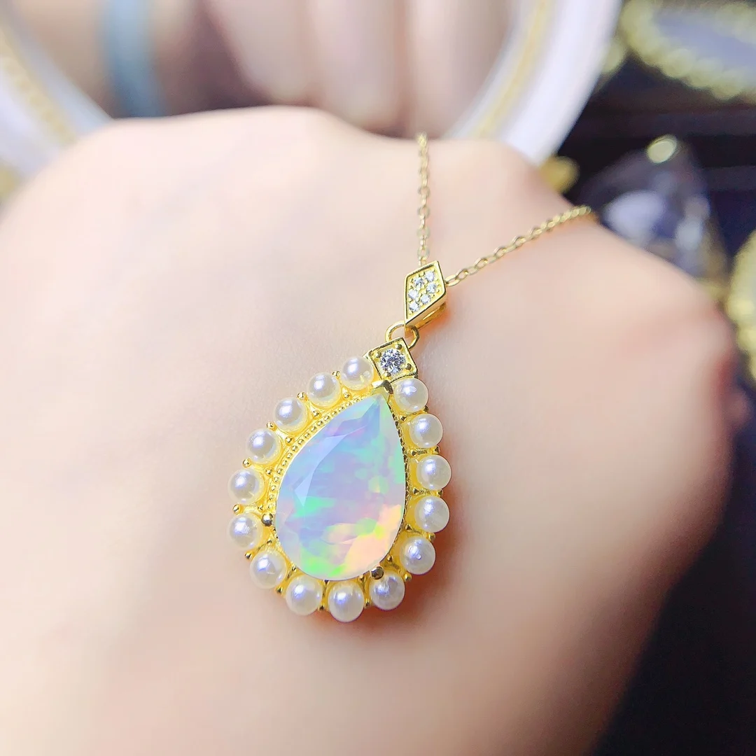 

925 Sterling Silver Natural Opal Necklace Women's Pendant Explosion Flash Fire Color Super Good free shipping Certified boutique