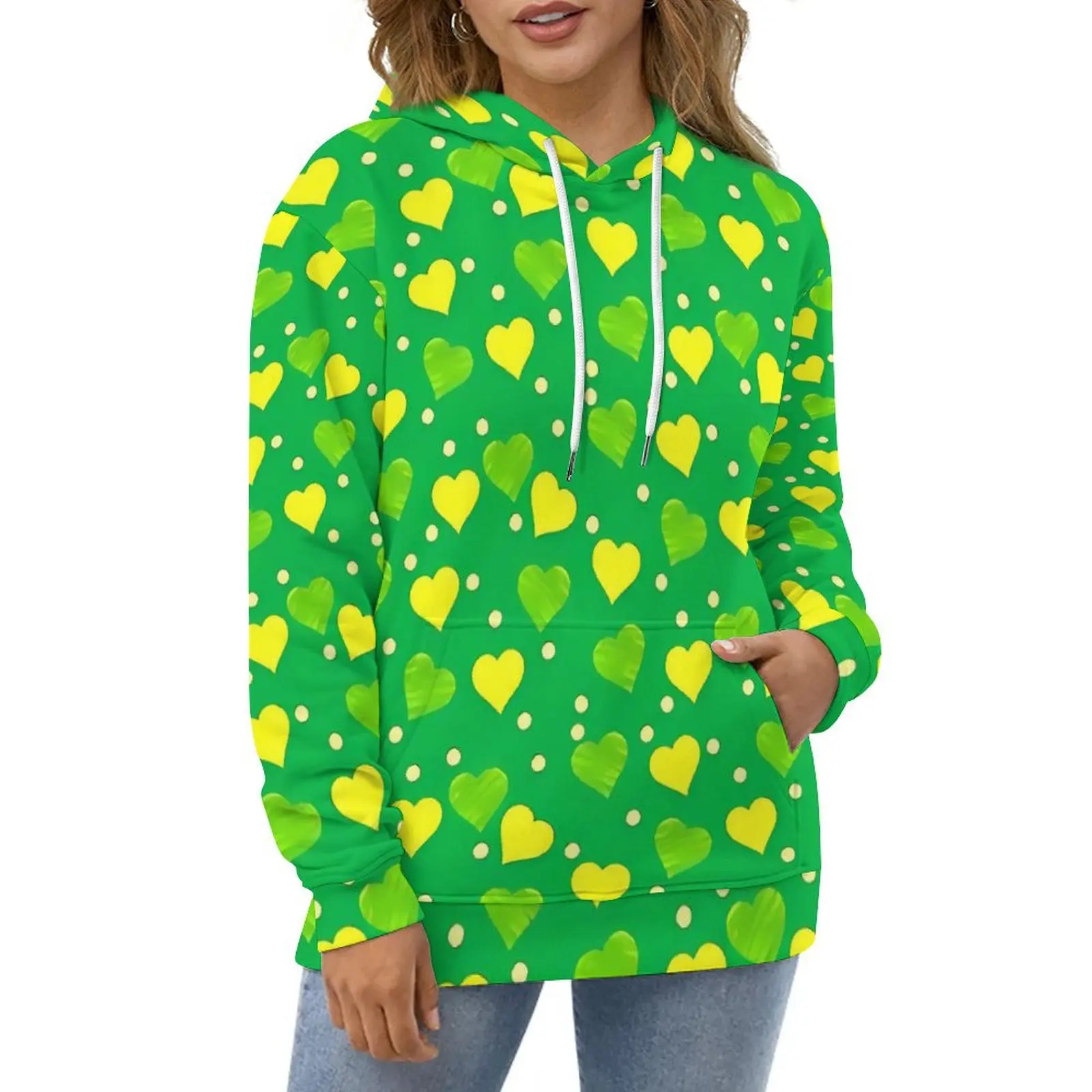 Green And Gold Hearts with Coins Hoodies  Harajuku Oversize Hoodie Couple Long Sleeve Y2k Custom Casual Hooded Sweatshirts