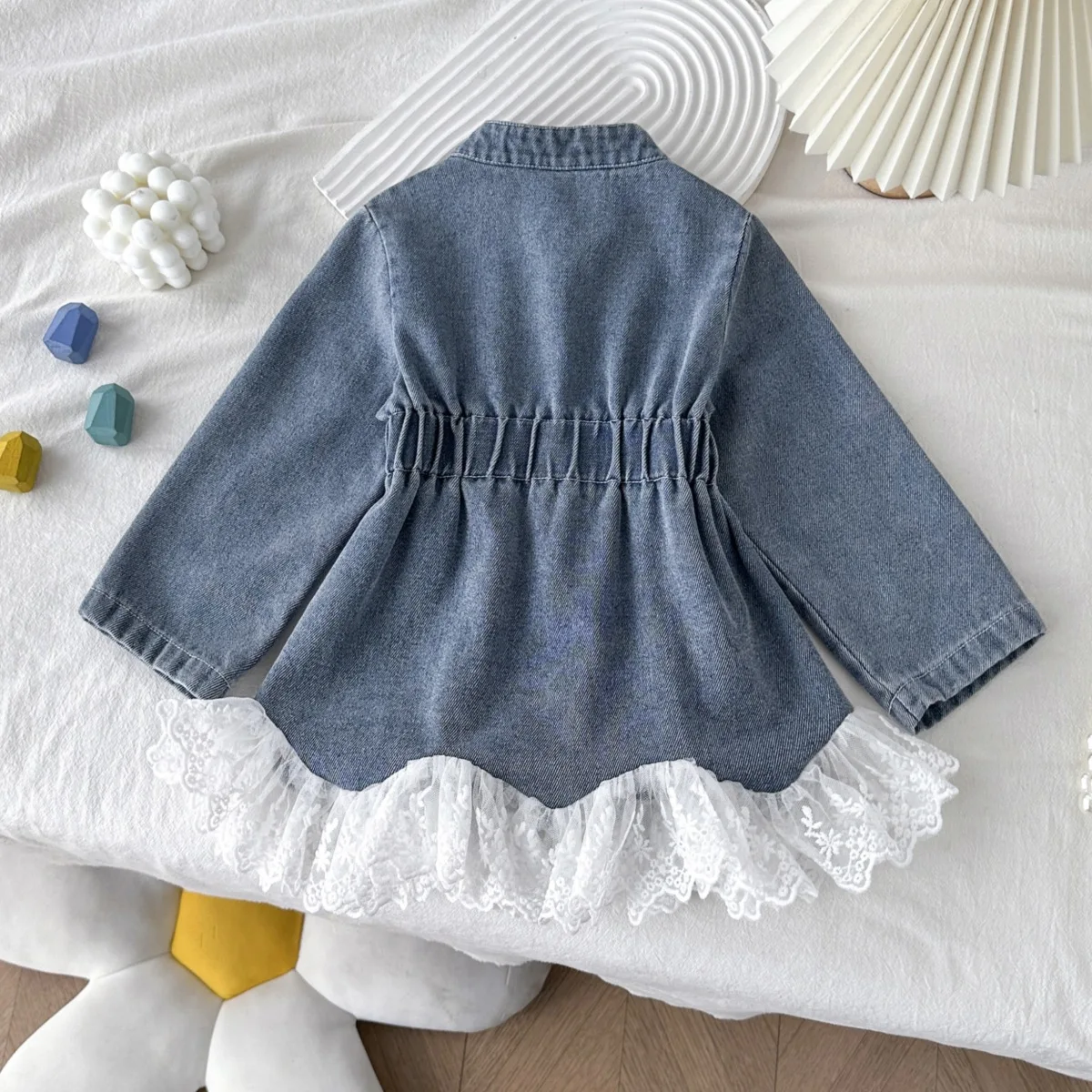 Stand Collar Lace Paneled Girl's Denim Dress Spring Autumn Long Sleeve Single Breasted Blue Casual Jean A-Line Dress