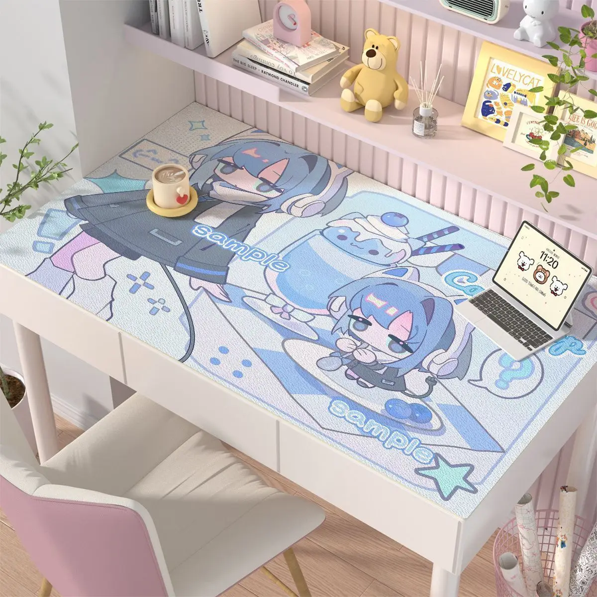 Japanese Anime Girl Blue Kawaii PVC Leather Mouse Pad Extra Large Mouse Pad Pink Keyboard Pad Office Desk Pad Y2K