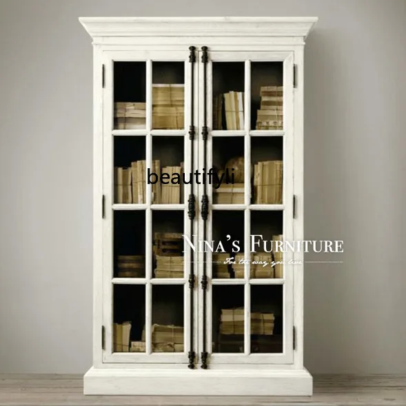 French American Solid Wood Country Vintage Old Lock 2 Door Bookcase White Black Oak