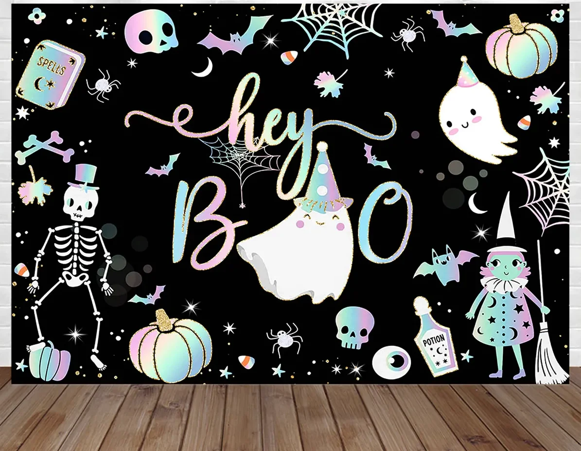 7x5FT Hey Boo Spooky One Happy Halloween Ghost Rip Pumpkin Bats Web Custom Photo Studio Backdrop Background Vinyl 220cm X 150cm