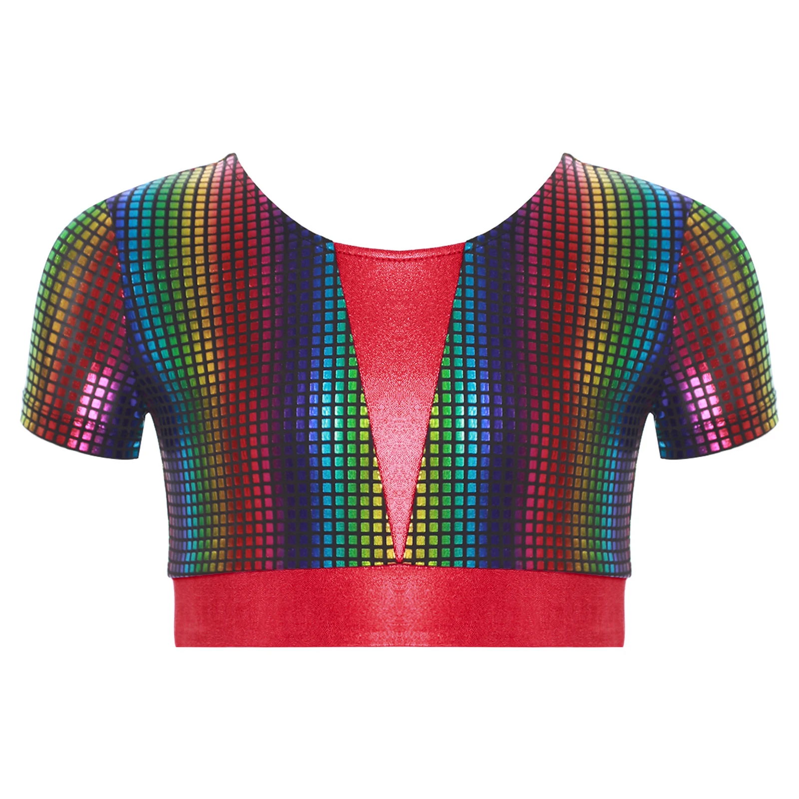 

Girls Metallic Crop Top Round Collar Short Sleeves Color Block Square Dance Outfits for Jazz Dance Competition Stage Performance