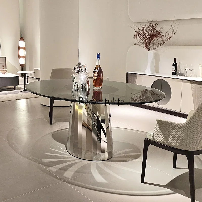 2 yj15 Stainless Steel Modern Double Layer Glued Tempered Glass Dining Table Italian Minimalist Oval
