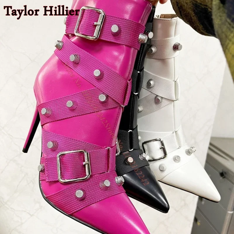 

Winter Super High Heel Rivet Short Boots Pointed Toe Stiletto Side Zipper Fashion Boots Sexy All-Match Warm Nude Boots Women'S