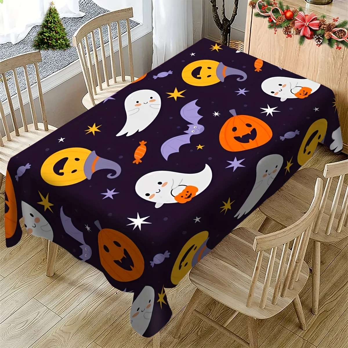 JIT-1pc Purple Background Tablecloth - Halloween Theme, Cartoon Ghosts, Pumpkins, Bat Patternszyc