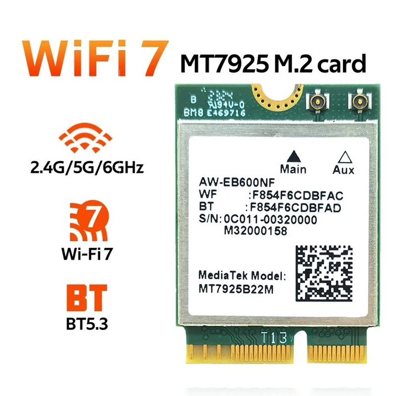 MT7925 와이파이 7 카드 및 안테나, 배플 포함, 5400Mbps M.2 트리플 밴드, 2.4G, 5G, 6G, BT5.3, Win10/11 리눅스용 와이파이 카드 어댑터