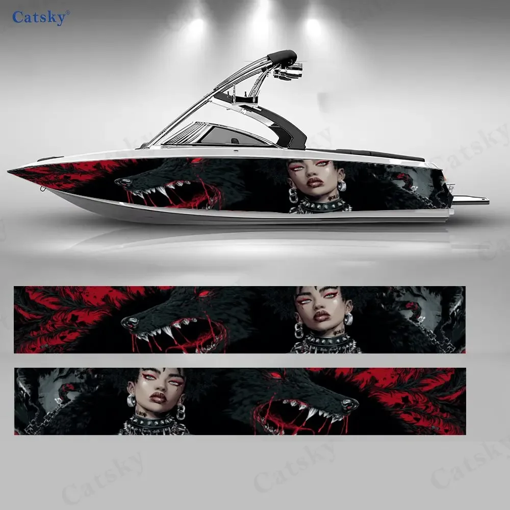 2Pcs Dark Cool Girl & Demon Wolf Boat Stickers, PVC Waterproof Vinyl Wrap Decals for Fishing Boats, Durable and Stylish Design