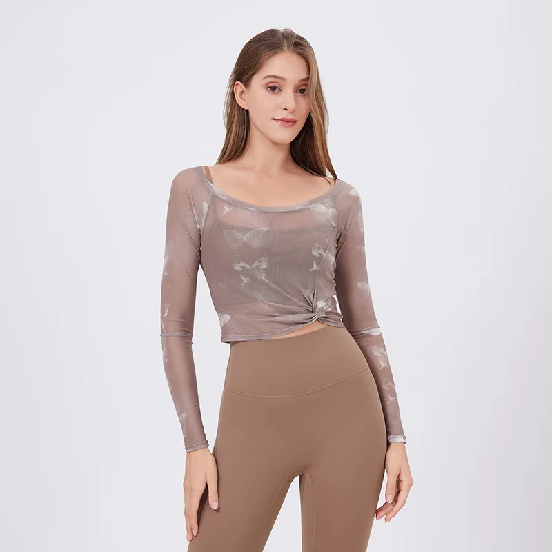 

Butterfly Fake two sports T-shirts, women's long-sleeved yoga wear with chest pads, mesh top, quick-drying slimming fitness wear