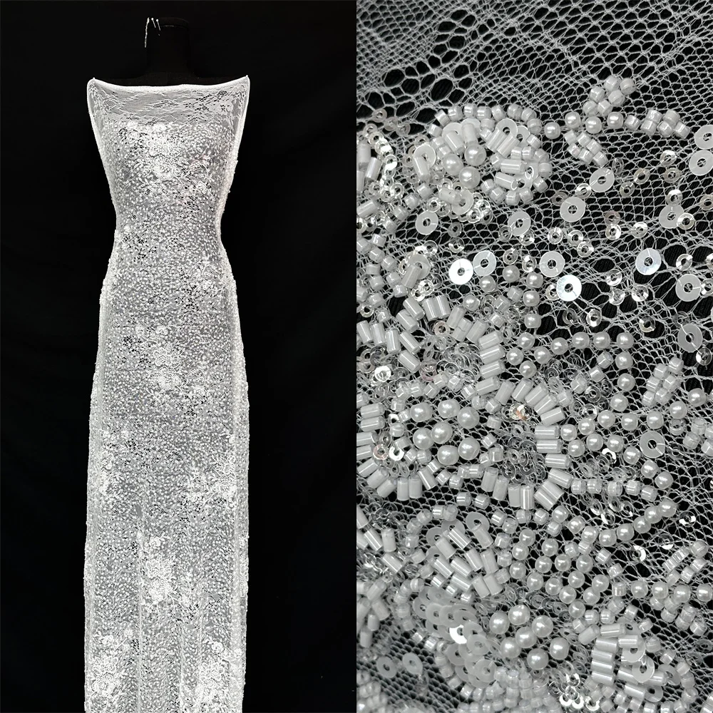

White African Lace Fabric 2026 Sequins Beaded Nigerian Bridal High Quality French Tulle Lace Fabric For Wedding Party Dresses