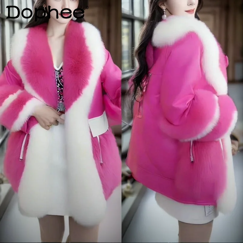 

Fashion Color Block All-Matching Jacket Women 2023 Winter Sweet Cute Mid-Length Imitation Fox Fur Collar Fur Coat Female