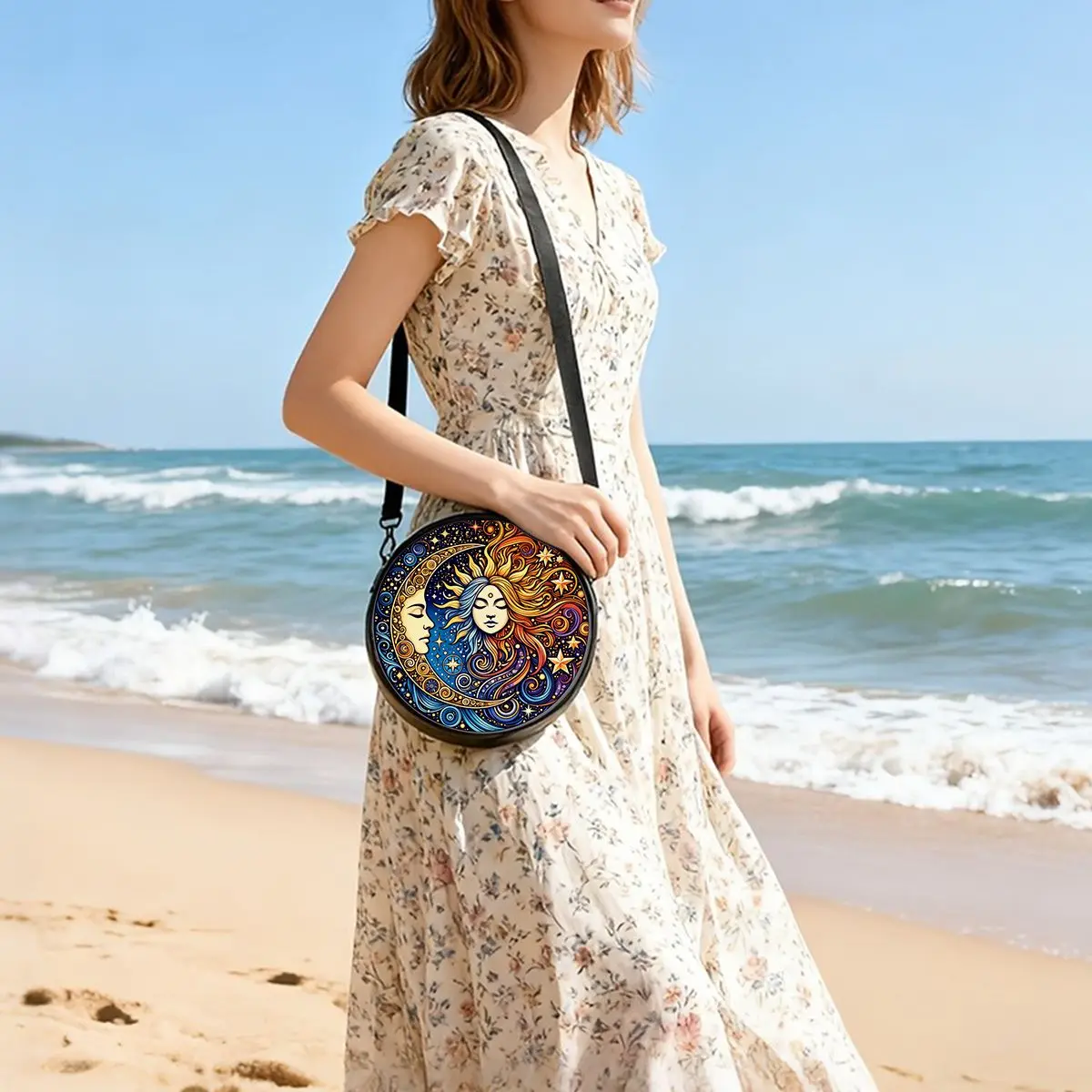 Moon Sun Print Round Shoulder Bag Casual Messenger Bag for Woman Best Gifts 2D Flat Casual Daily Crossbody Bag - view 6
