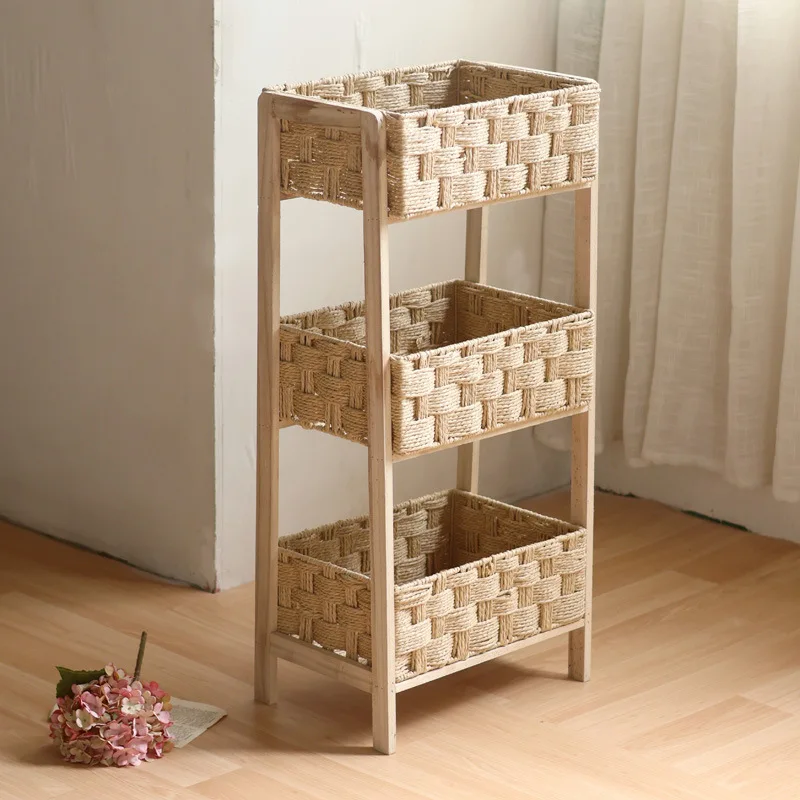 

Hand-woven shelf Solid wood storage bookshelf Toy storage rack Storage rack Living room Dining room Wooden sundries basket