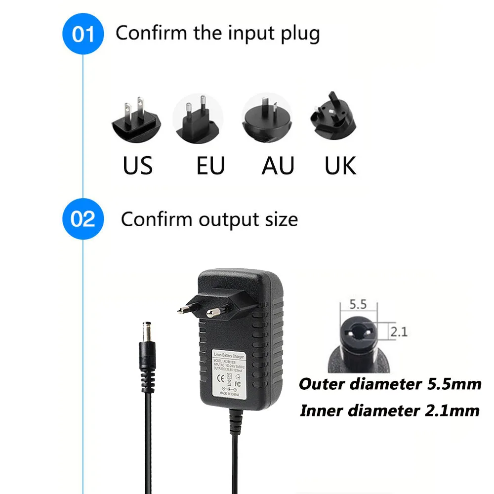 Li-ion Charger AC 110-240V DC 4.2V 8.4V 12.6V 16.8V 21V 25.2V 1A 2A For 18650 Lithium Battery Dc 5521 Female Cable