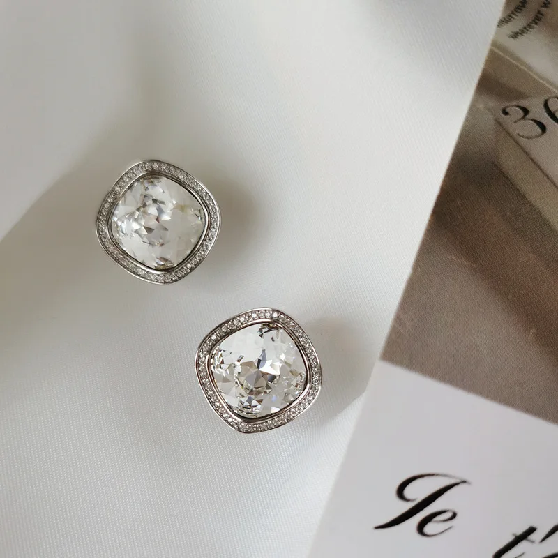 925 Sterling Silver Crystal Square Stud Earrings for Women, Luxury Winter Collection