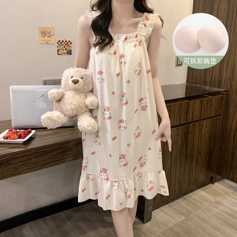 

Anime Cloud Cotton Nightdress Women In Summer Sweet Bow I Strap Detachable Chest Mat Sleeping Skirt Home Clothes New Hello Kitty