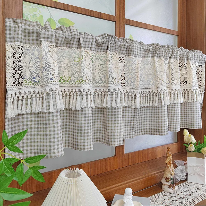1Piece Bohemian Hollowed Crochet Lace Tassel Short Curtain Japanese Vintage Plaid Cafe Curtain For Living Room Kitchen Cabinets