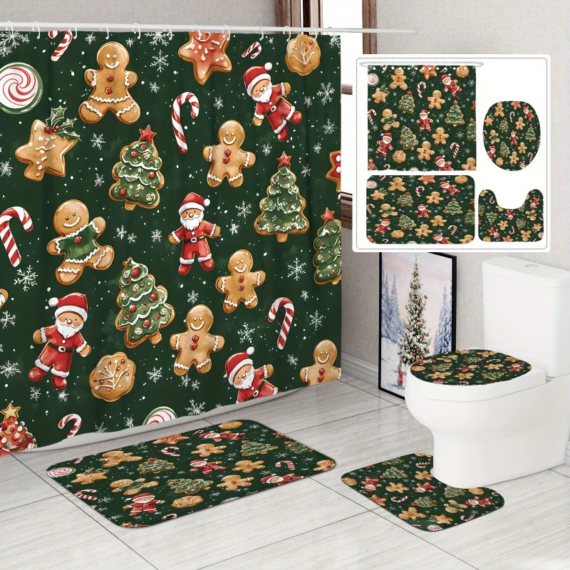 Christmas Shower Curtain Set with Santa & Gingerbread, Polyester Waterproof Bathroom Decor, Machine Washable, Includes Non-Slip