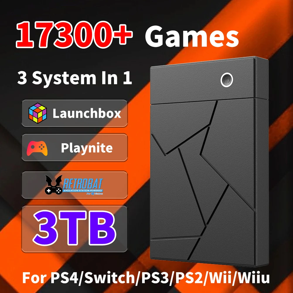 

3TB External Game Hard Drive Launchbox&Playnite&Retrobat for PS4/PS3/PS2/Switch/Wii/Wiiu/N64 with 17000+ Games for Win PC/Laptop